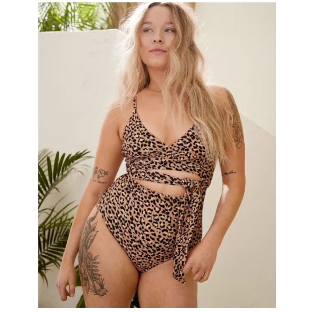 AERIE Leopard Wrap One Piece Swimsuit  Full Coverage Size Large Long